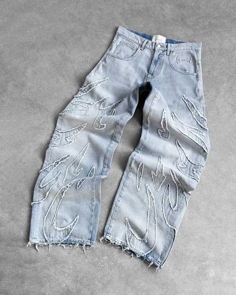 2025 New American Retro Flame Embroidery Baggy Womens Jeans Y2K Harajuku Hip Hop Gothic High Waist Wide Trousers Street WearT250319