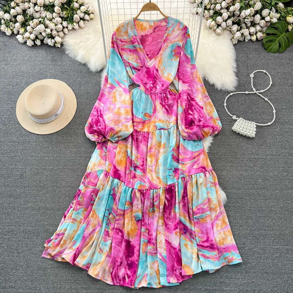 Chic Print Elegant Women Long Sleeve Lace Up Loose Maxi Dress A-E High Waist Holiday Party Female New Autumn Fashion Robe Za