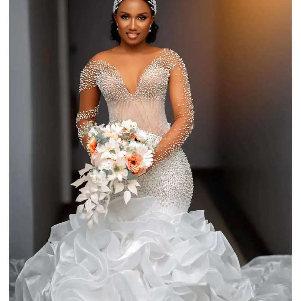 Custom Spoon Neck Shiny Pearls Beads For Long Sleeves Removable Layered Skirt Wedding Dress