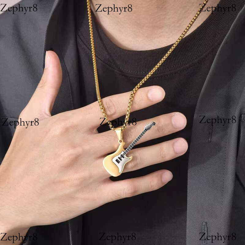 2025 New model Fashion Rock Jewelry Hip Hop Black Guitar Pendant Statement Necklaces Stainless Steel Charms Pendants Necklace for Men