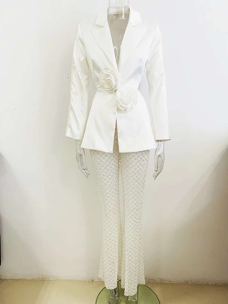 HIGH STREET Newest 2024 Designer Runway Women's Wers Appliques Hollow Out Blazer Gauze Beaded Perspective Pants Suit Set 2Pcs