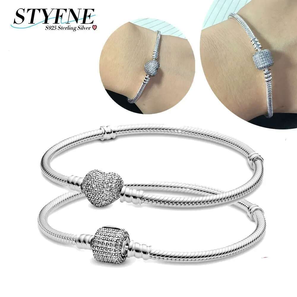 925 Sterling Silver Pave Heart Clip Buckle Zircon Snake Bone Bracelet S925 Snake Bracelets For Women Fit charms beads Diy Jewelry Gift