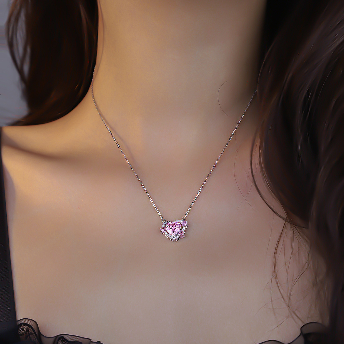 S925 Silver Necklace Female Sterling Silver Daji Maid Coffee Guardian Heart Zircon Necklace Net Red Minority Collarbone Chain