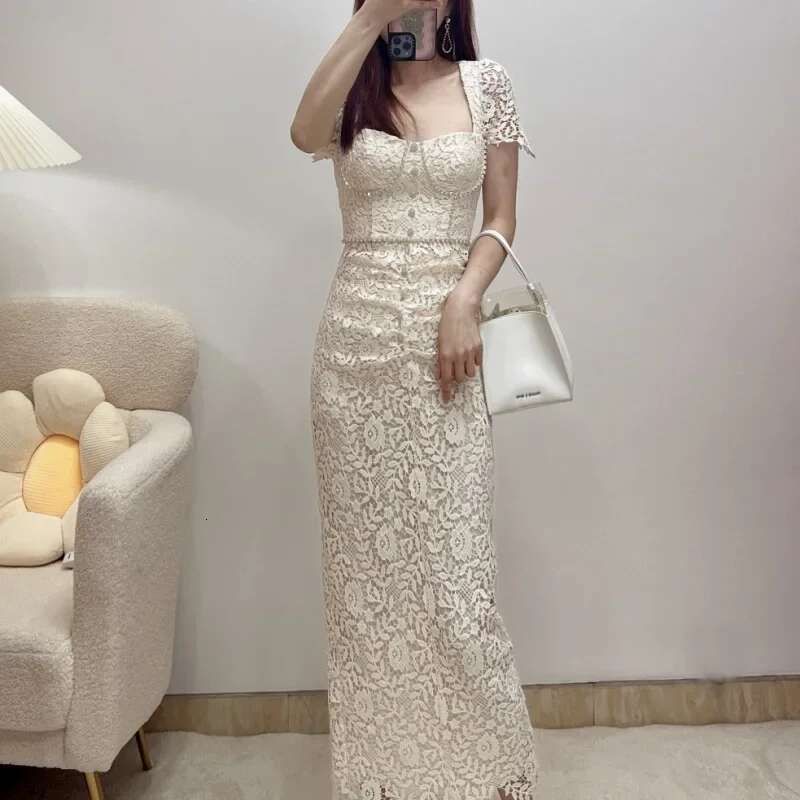 Women's White Sexy One-Word Collar Slim Lace Hollow Waist Lady Elegant Birthday Party Maxi Dress Female