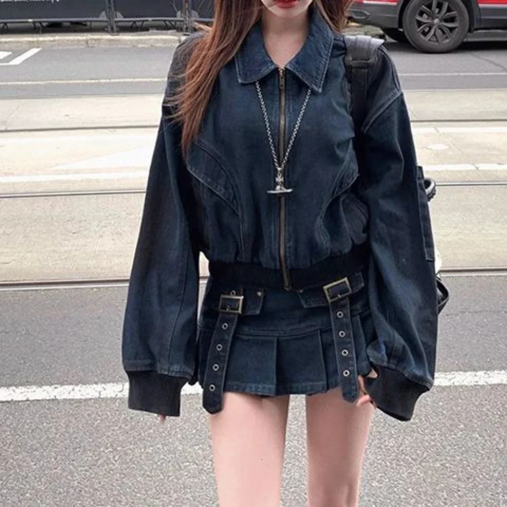 Conjunto Twede Feminino American retro denim suit early autumn motorcycle jacket pleated skiing twopiece set 250312