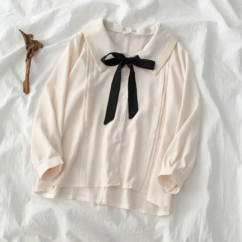 Large Size Niche n Sense Single-breasted Women Shirt Autumn Korean Lace-up Bow Blouse Female Solid Color Women Shirt 250310