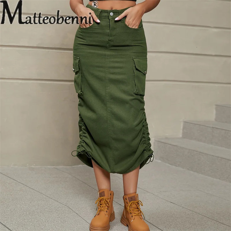 Vintage Draw Pleat Halfbody Dress Women Casual Trend Pocket Splicing Button Denim Overalls Skirt Female Clothes Streetwear 250310