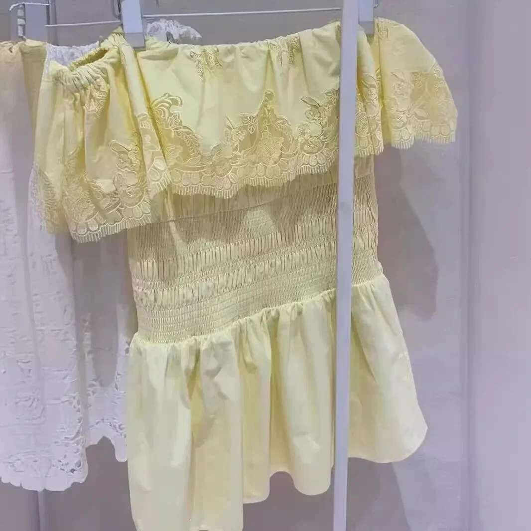 Summer Women's One-Shoulder Yellow Cotton Embroidered Waisted Backless Sexy Party Mini Dress