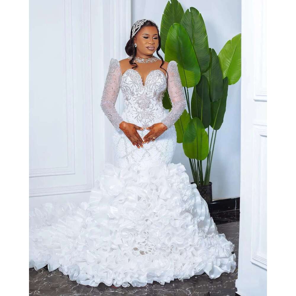 Personalized Illusion Collar High Beads Handmade Pearls Mermaid Detachable Skirt Cascading Ruffles Wedding Dress