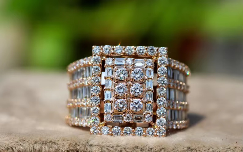 14K Solid Gold Plated Moissanite Diamond Ring Hip Hop Ring for Wedding Engagement or Gift Fashion Jewelry