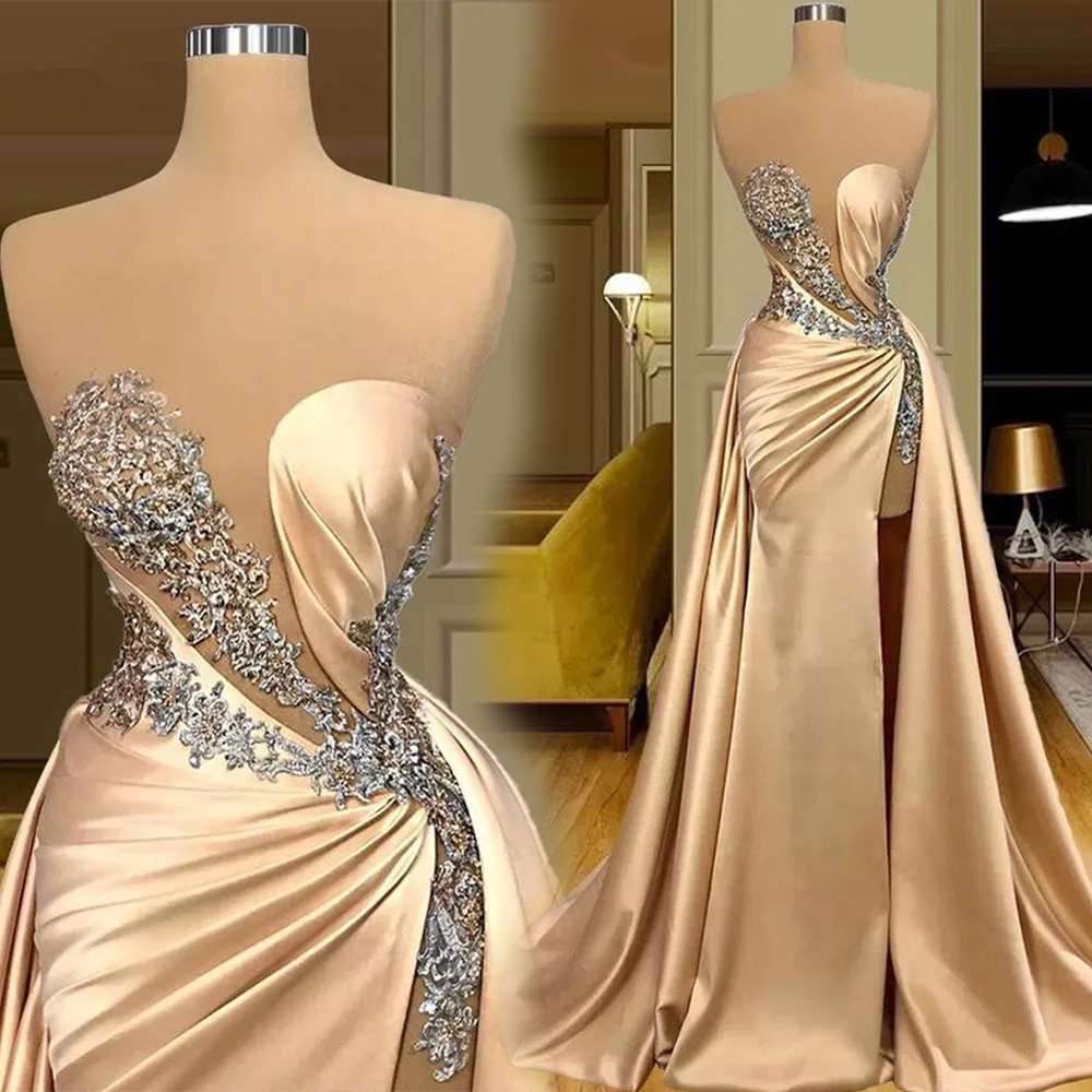 Prom Gown Evening Dresses Party Mermaid Sleeveless Sweetheart Illusion Crystal Applique Sequins Satin Champagne Plus Size Zipper Lace Up New Custom