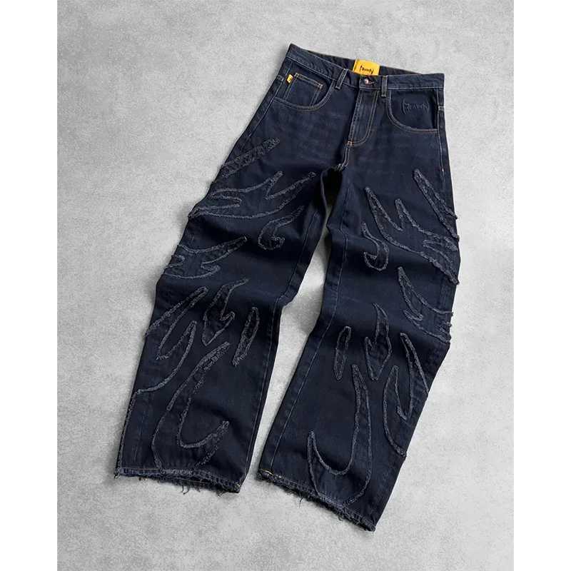 2025 New American Retro Flame Embroidery Baggy Womens Jeans Y2K Harajuku Hip Hop Gothic High Waist Wide Trousers Street WearT250319