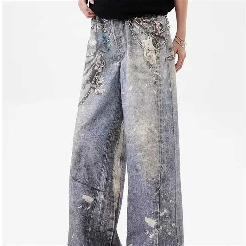 New 3D Chain Printed Baggy Jeans For Men And Women Casual Baggy Straight Denim Pants High Street Wide-leg Y2K Blue JeanT250315