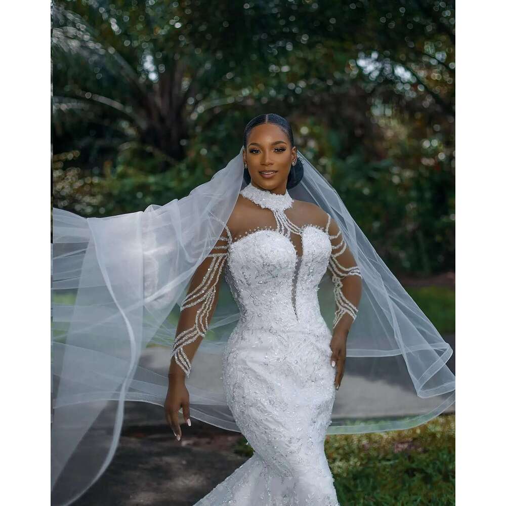 Customized african high neck bright lace beads mermaid dress for bride full sleeves garden style wedding dresses