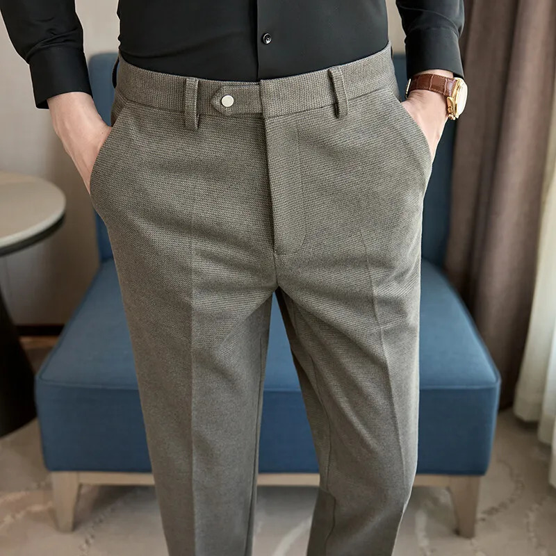 Autumn and Winter Wheat Grain Woolen Thick Khaki Trousers for Men Coffee Color Fashionable Versatile Mens Casual Pants 250313