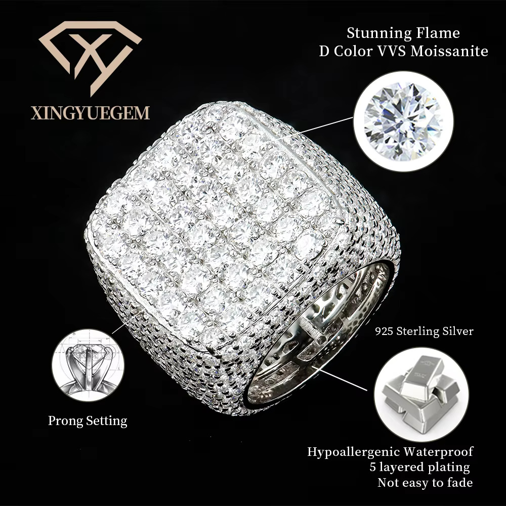 Hip Hop Custom Gra Certified Trending Pure S925 Sterling Silver Jewelry Mossanite Moissanite Diamond Iced Out Cuban Ring for Men