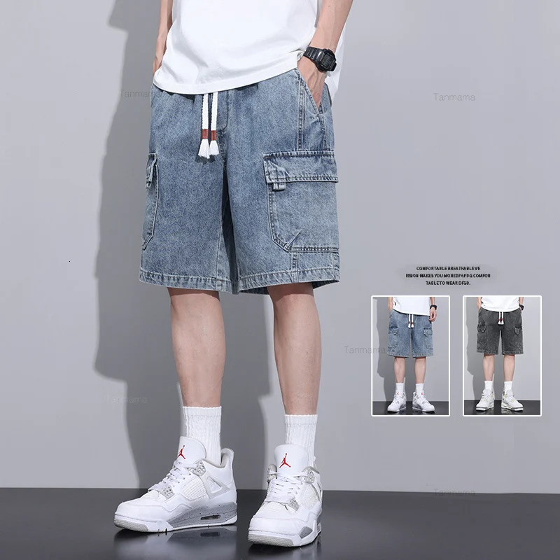 Summer mens denim shorts with elastic waist bag casual knee length cargo pants fashionable Korean style streetwear blue gray 250313