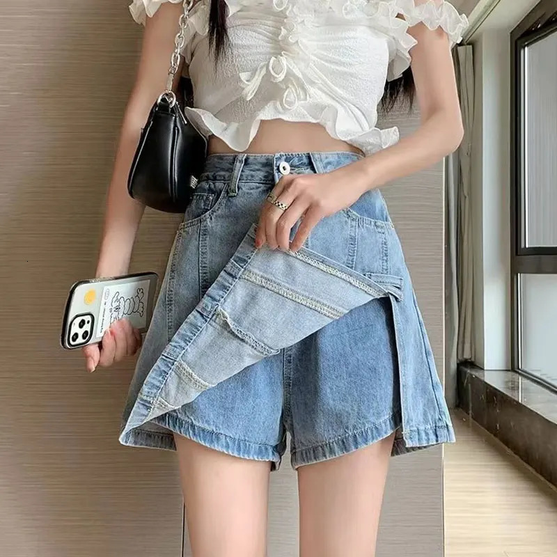 Fashion High Waist Denim Culottes Women Summer n Baggy Jean Shorts Two Pieces Lining Jeans Skirts Blue Pantskirt 250310