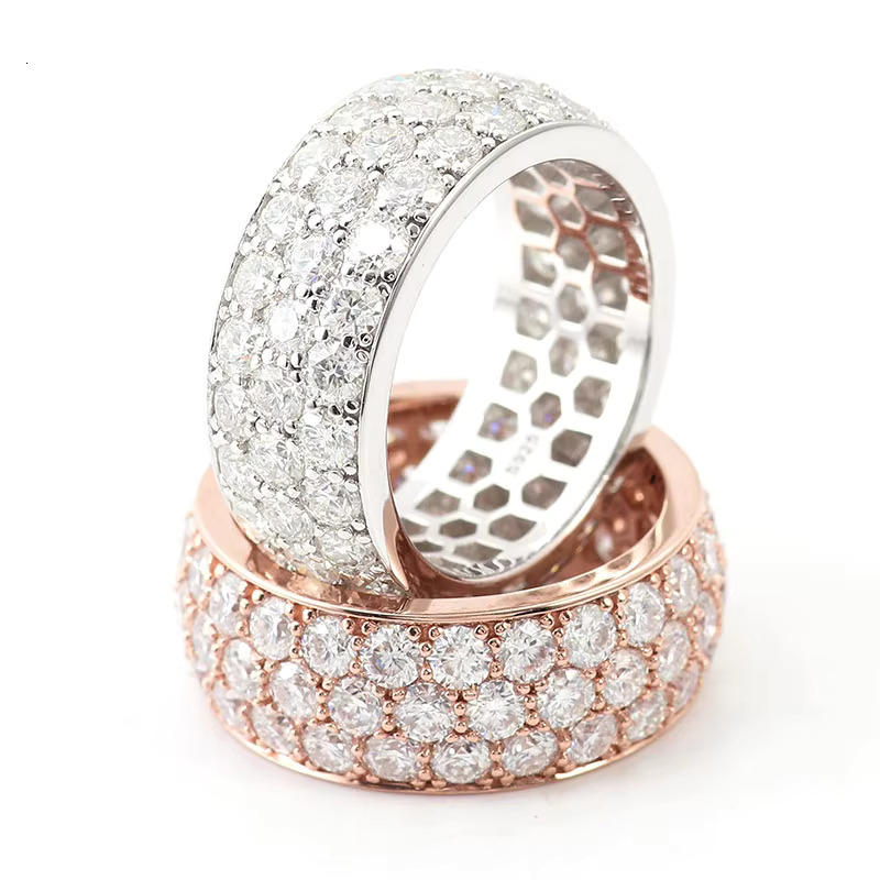 Silver Men Moissanite Band With D Color VVS Three Rows Stone Ice Out Round Brilliant Cut Loose Diamond Hip Hop Ring