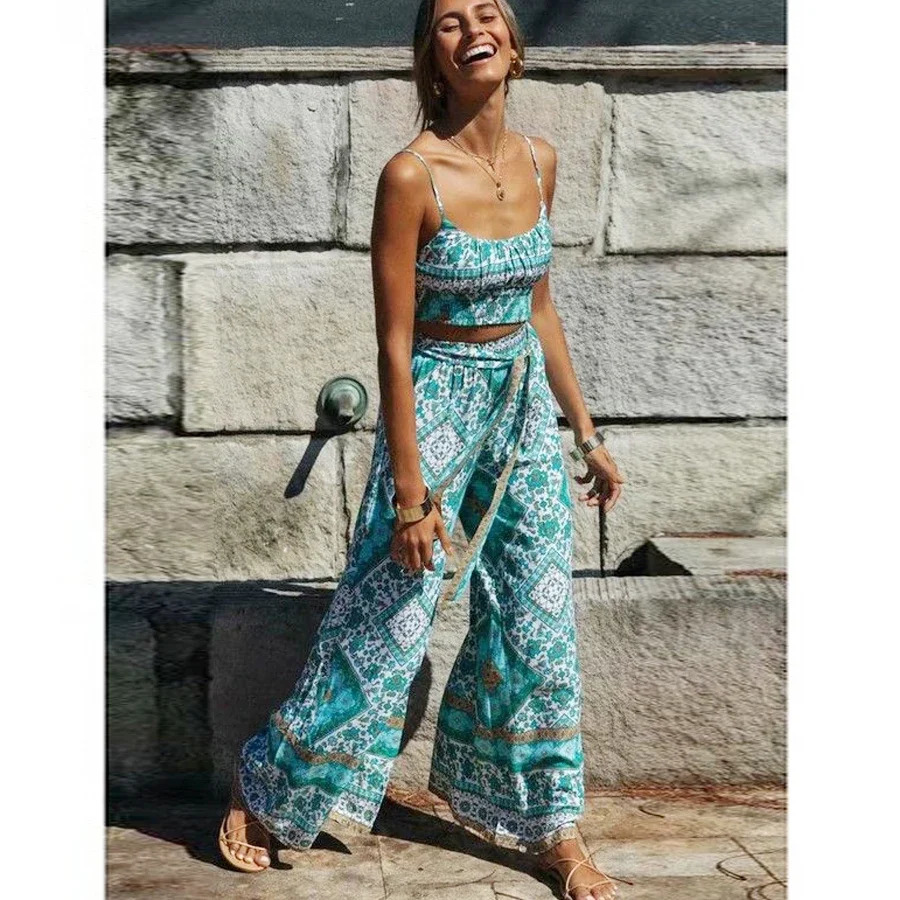 TEELYNN Wideleg Pants and Crop Top Suit Beach Bohemia Cotton Womens Summer Two Pieces Set Ladies Boho Floral Suits Casual 250313