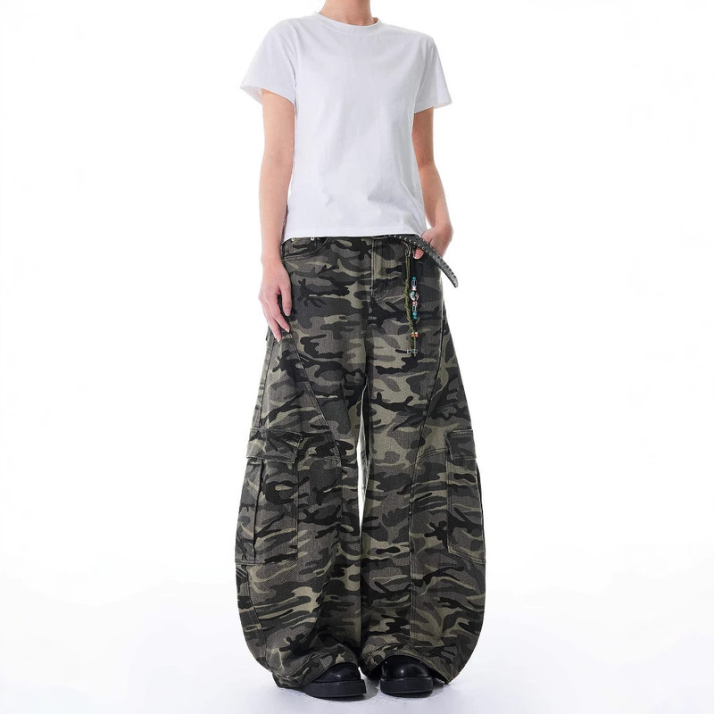 American Camouflage Work For Men And Women, Loose Wide Curved Jeans, Trendy Multi Pocket Straight Leg Long Pants