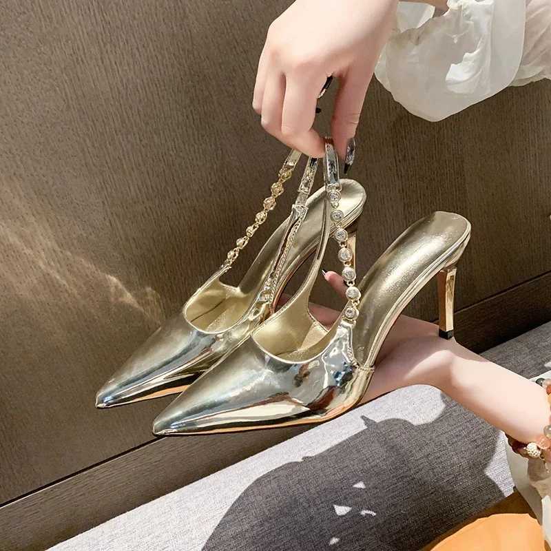 New Arrival Shiny High Heels Slingback Silver Women Pumps Metallic Crystal Sandals Pointy Toe Stiletto Heeled Shoes Party Dress Shoes Woman T250315