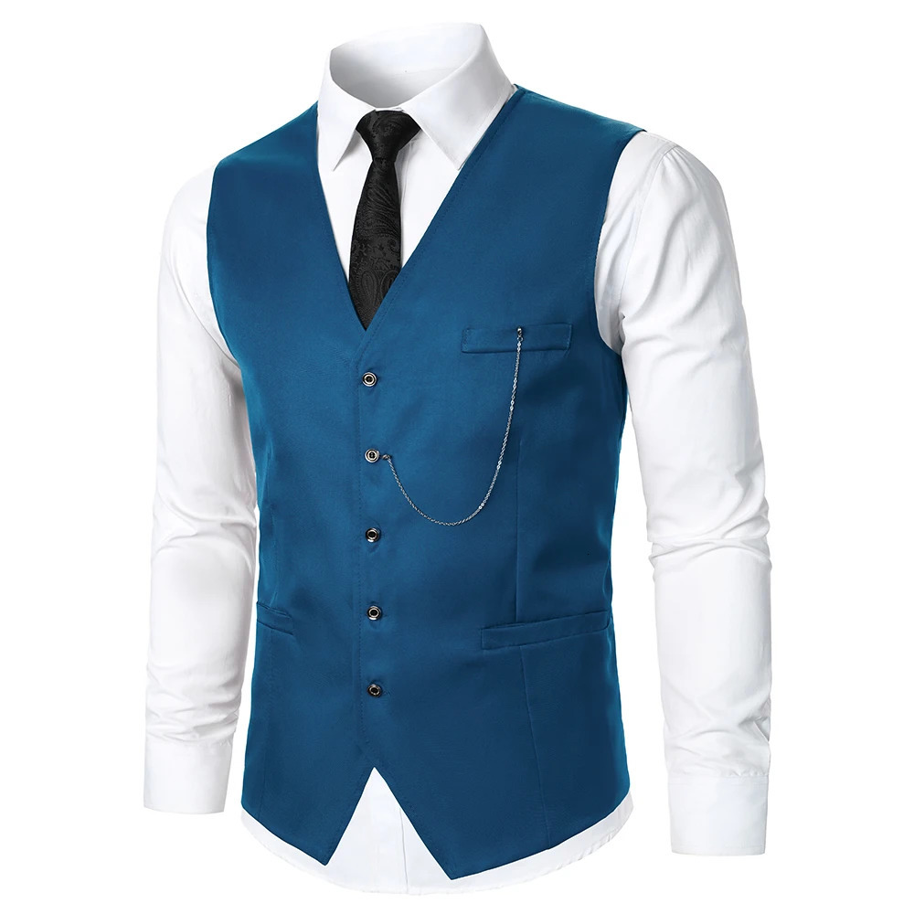 Men Suit Vest Coat Solid Color Metal Chain Decoration Classic Leisure Business Fashion Slim Fit Men Suit 250310