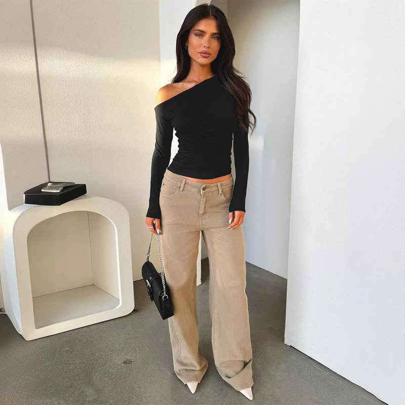 Y2k T-Shirt 2024 New Slant Neck Off Shoulder Long Sleeved Knitwear Summer High Grade Spicy Girl Top Women's Design Sense
