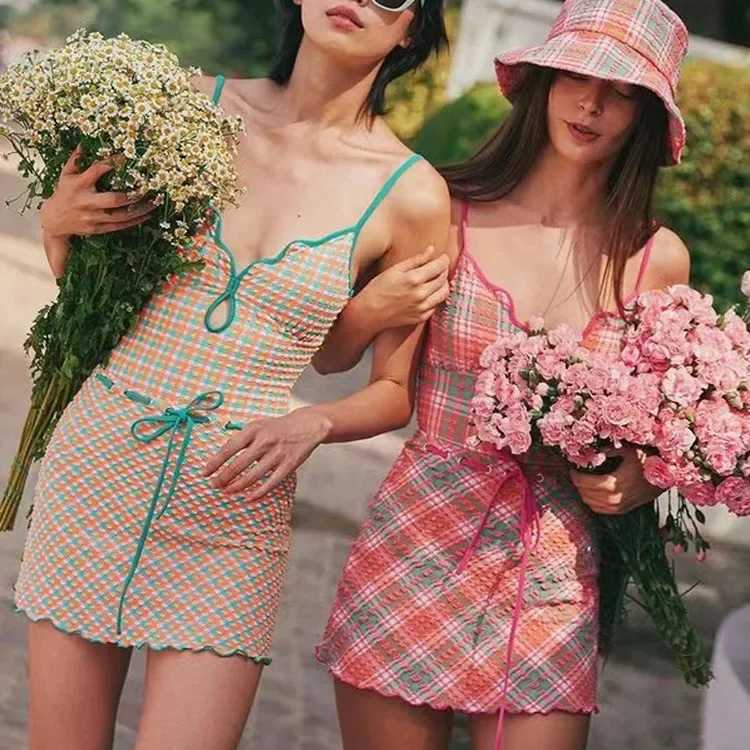 2024 Korean Sexy Cute One Piece Swimsuit Women Plaid Swimwear With Monokini Lace Up Halter Bathing Suit Padded Beach WearXJ250315