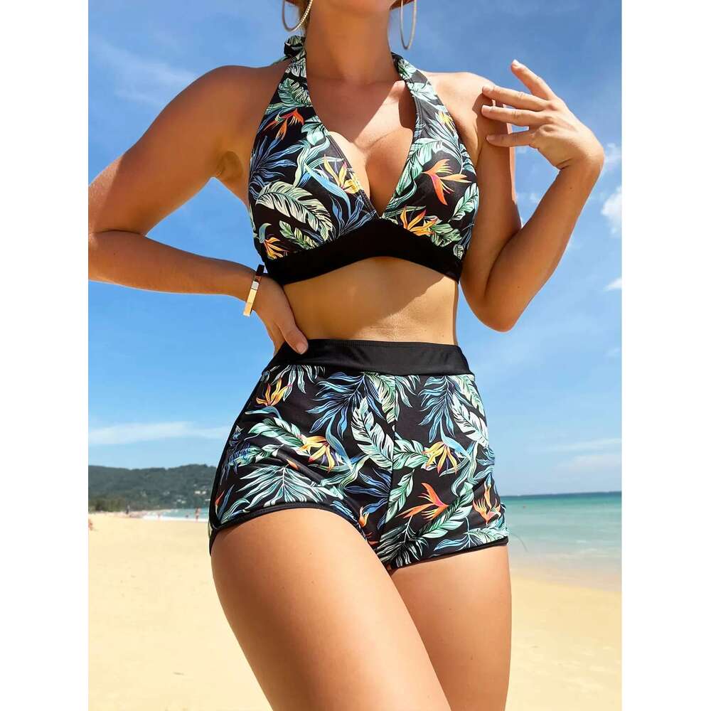 Women's short swimsuit, camisole collar, two-piece set, high waist, printed, swimsuit, beachwear, 2024