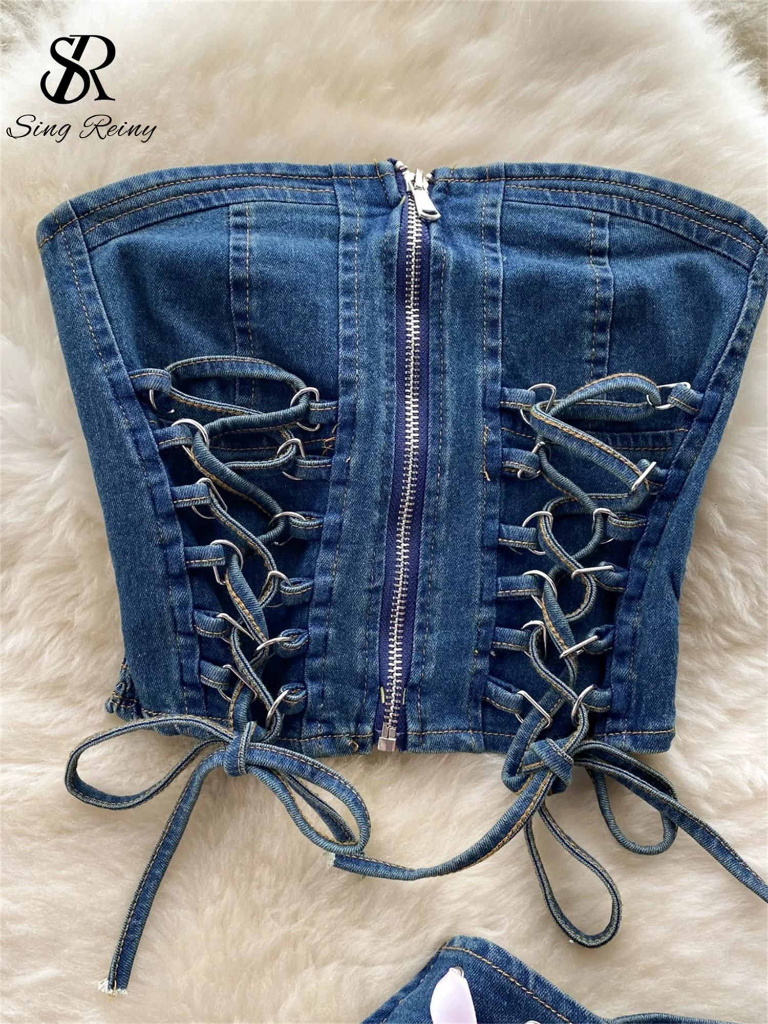 SINGREENY week denim twopiece zip strapless Y2K topelastic mini Culottes lace cross bandage streetwear set 250312