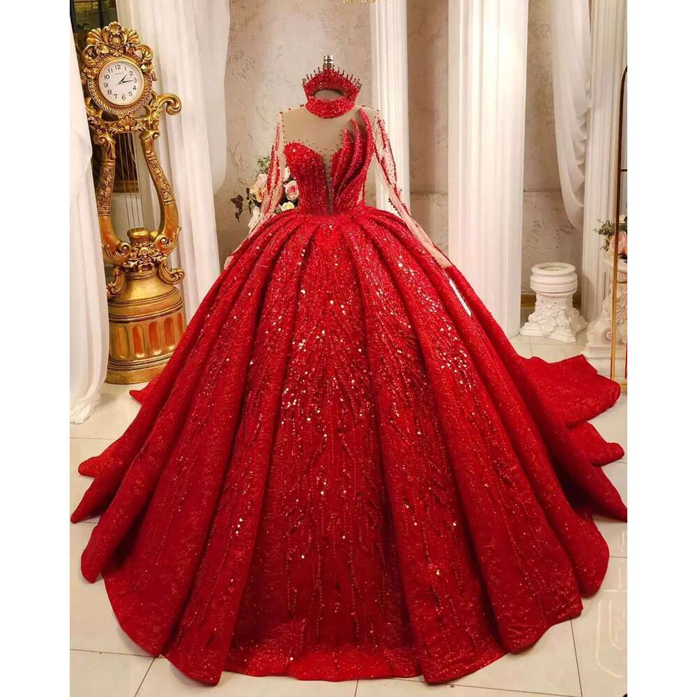 Red Ball Gown Crystal Beaded Pearls Lace Wedding Large Size Train Sweep Dresses Custom Color Novia