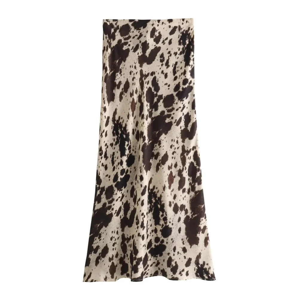 ZAR4 Spring Summer Womens Fashion niche animal print silk satin texture high waisted midi skirt 250310