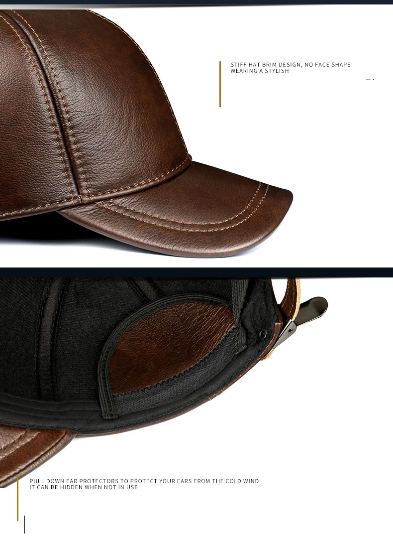 Warm hat mens winter genuine leather baseball cap mens casual denim with earmuffs sports hockey hunting flying coffin 250314