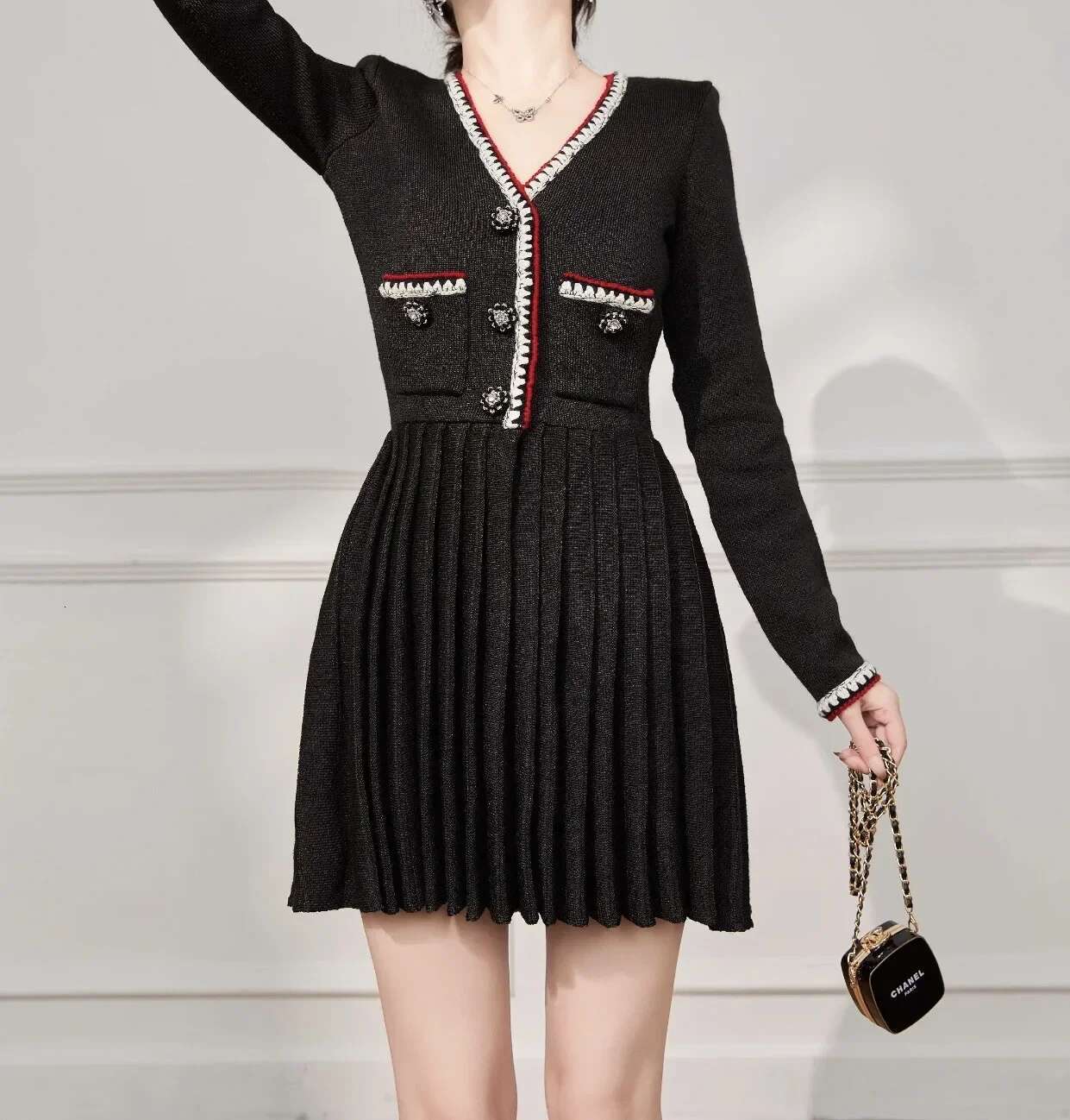 Women Black Pocket Long Sleeve V Neck Ruffle Slim Fit Ladies Party Mini Dress