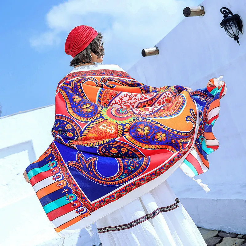 Silk scarf 180cm large long scarf ethnic style travel wear beach towel air-conditioned room shawl retro scarf women 250314