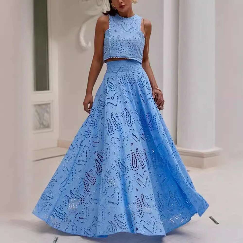 TWOTWINSTYLE Embroidery Two Piece Set For Women O Neck Sleeveless Hollow Out Top High Waist A E Skirt Slimming Sets Female