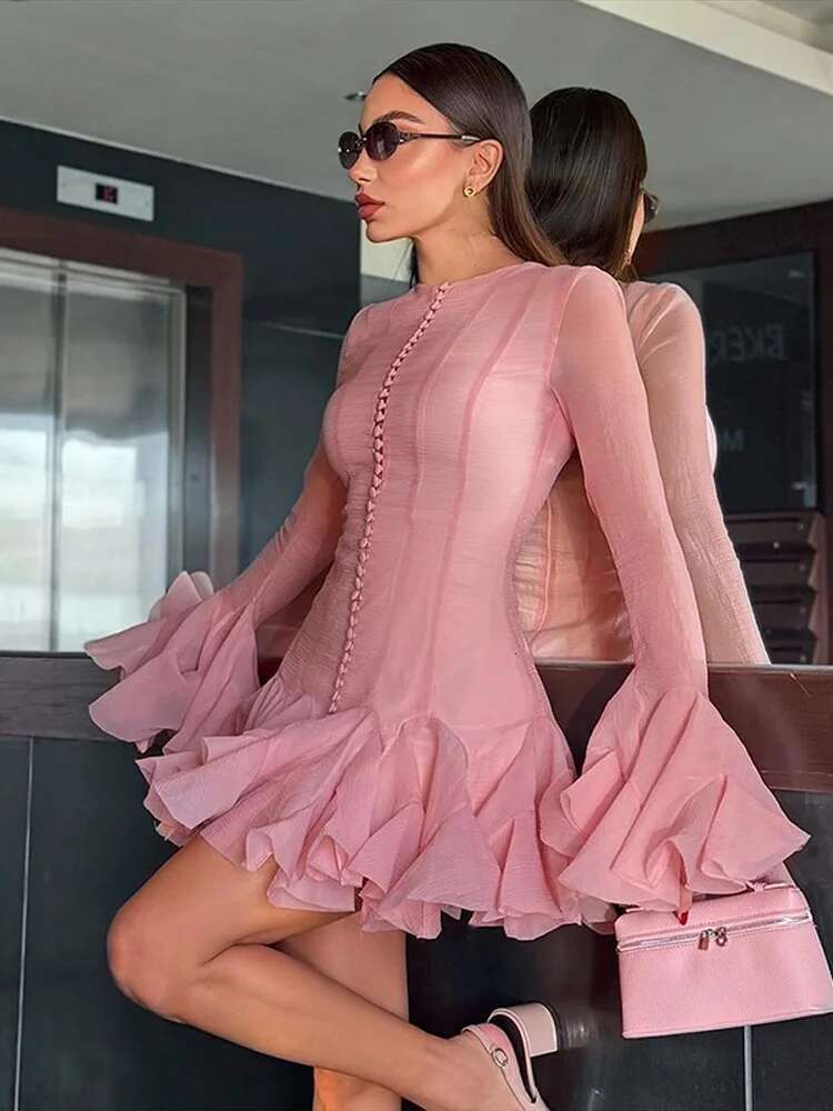 Vintage Flared Sleeve Puffy Mini Dress Women Elegant Waist-Cinching Single Breasted Slim Dresses Female Chic Party Holiday