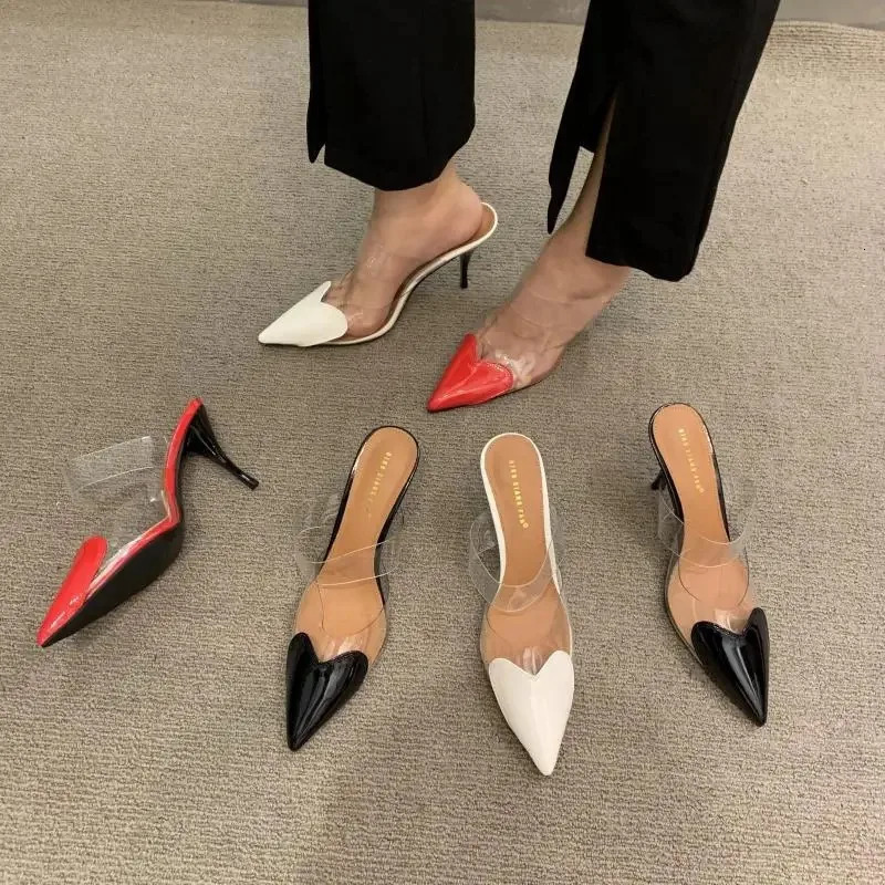 Patent Leather PVC Pumps Stiletto Sandals Pointed Toe Straps Heart Detailing at the Toes High Heel Slippers Wedding Shoes 250314
