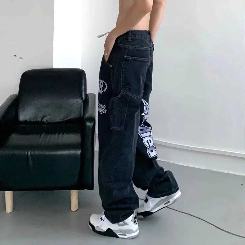 Harajuku Hip Hop Alphabet Hot Print Straight Pants Y2K Summer New Street Rock Mens Loose Wide Leg Retro JeansT250319