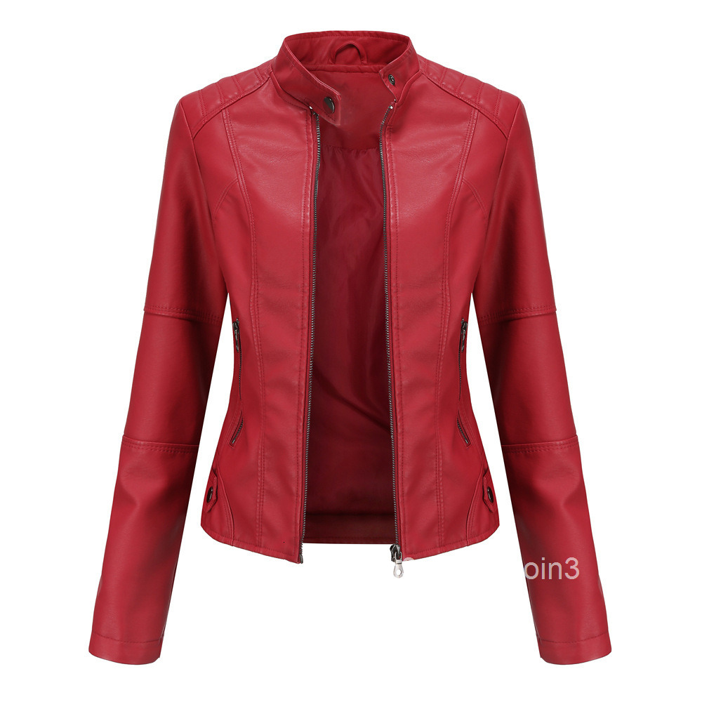 Fashion European Womens Leather Suit Slim Jacket Thin Spring and Autumn Coat Womens Motorcycle Suit Large Stand Collar Leather Jacket