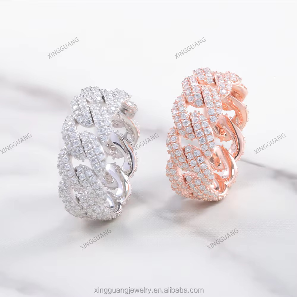XingGuang Wholesale Bling Hip Hop Jewelry Gold Plated S925 Silver VVS Moissanite Diamond Iced Out Cuban Band Ring for Men