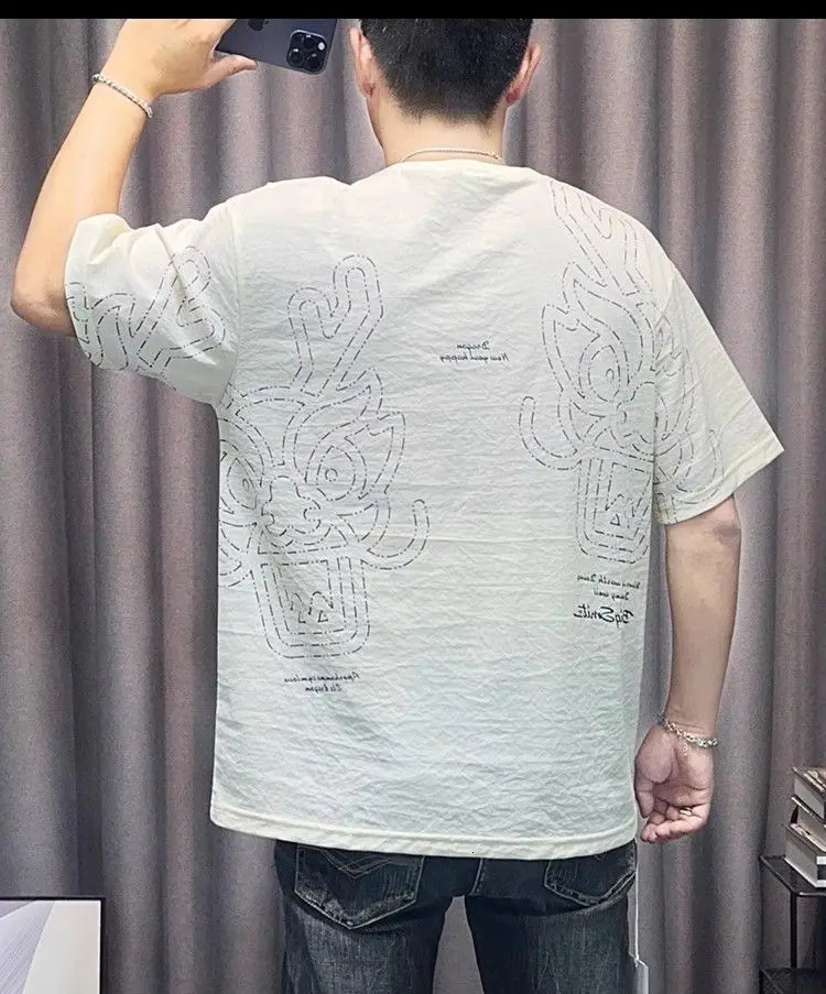 Cotton linen short sleeved T-shirt mens fashion printed casual half sleeved thin top 250314