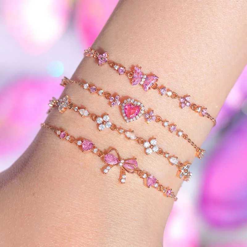 Y2K Pink Zircon Bow Heart Chain Bracelet Suitable for Womens Exquisite Sparkling Crystal Adjustable Bracelet Birtay Jewelry GiftXJ250315