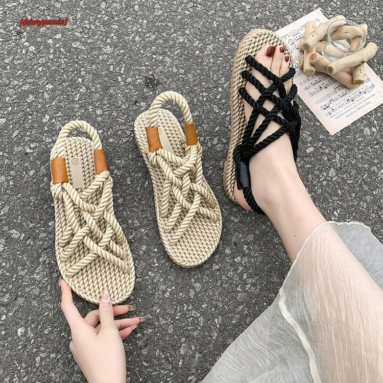 Sandals women's hemp rope weaving 2025 summer new handmade grass shoes, internet famous and versatile, wearing Roman beach sandals for women ddmy
