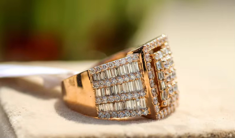 14K Solid Gold Plated Moissanite Diamond Ring Hip Hop Ring for Wedding Engagement or Gift Fashion Jewelry