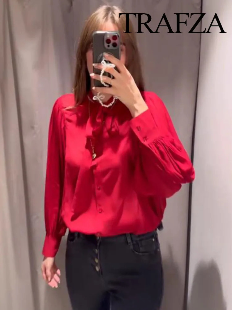 TRAFZA Womens Fashion Classic Series Single Breasted Bow Decorated Shirt Female Elegant Wrinkled Casual Long Sleeve Shirt Mujer 250310