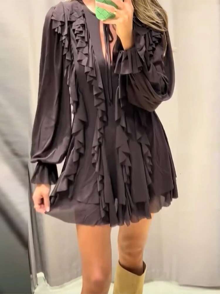 2025 New Women V Neck Lace-Up Ruffles Long Sleeves Dress Elegant Solid Chiffon A-E Mini Dresses Summer Lady Street Vestidos