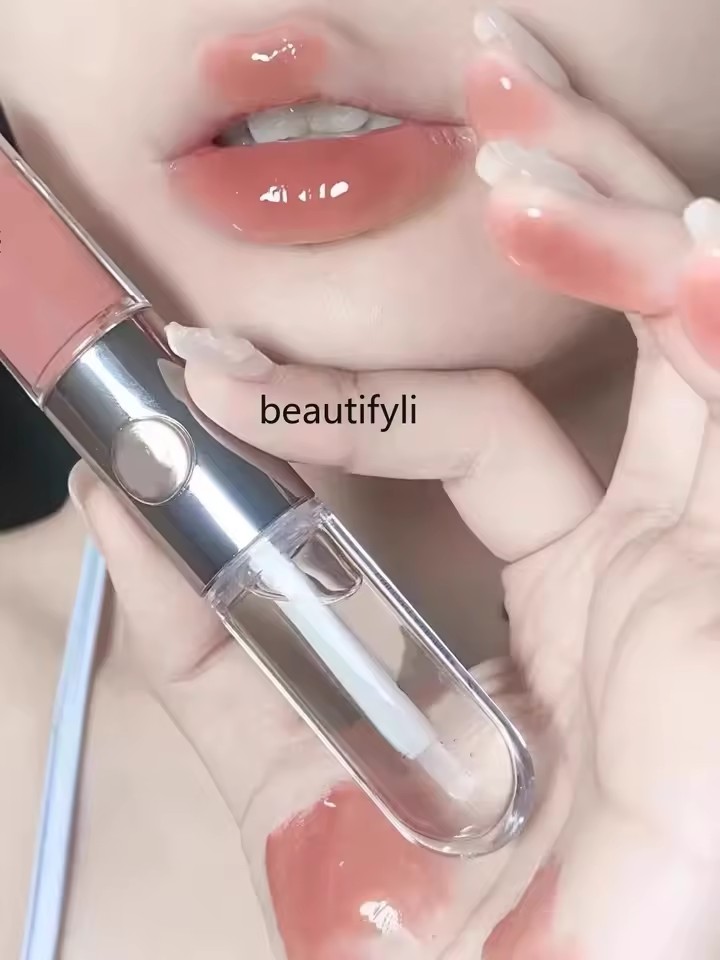 Double head lip glaze milk tea color lipstick, transparent mirror surface, long-lasting non-stick cup water gloss lip gloss