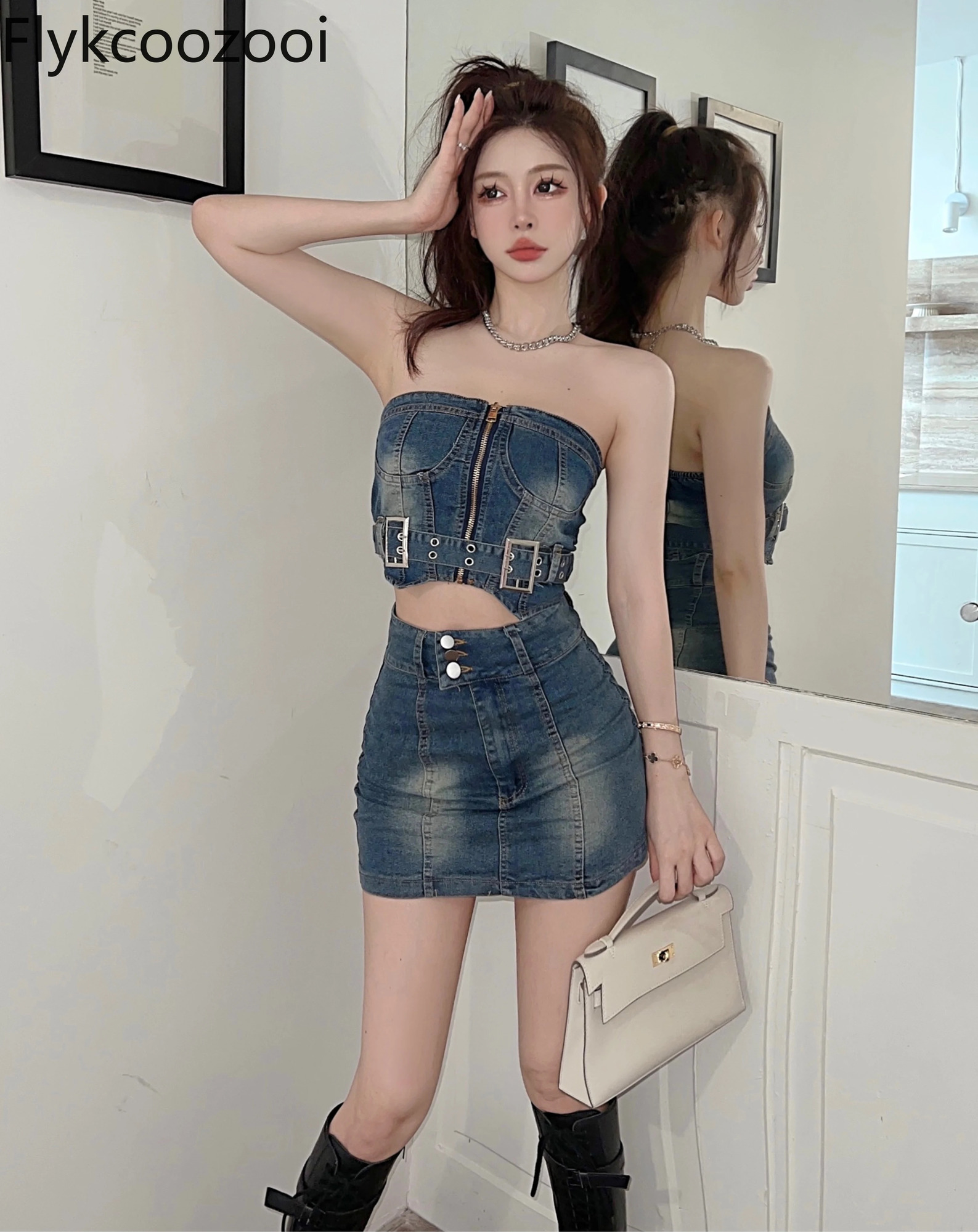 girl strapless necklace tophigh waisted denim wrap around hips skiing Conjuno Feminino summer ensemble De Jupes 250312